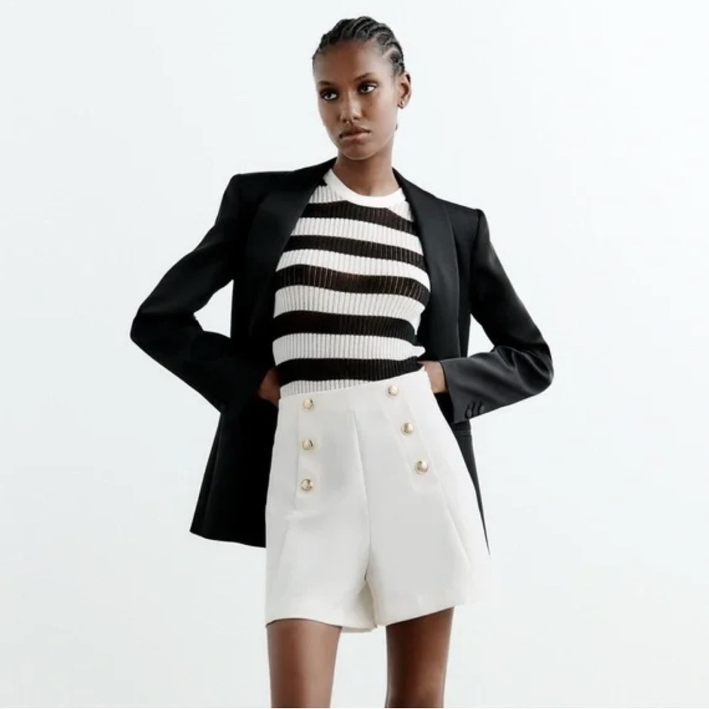 Zara White High Waist Shorts Gold Button Detail XL NWT Preppy Chic
